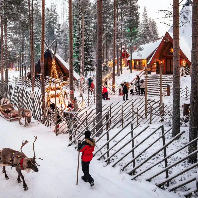 Reindeer sleigh rides at Santa Claus Village in winter